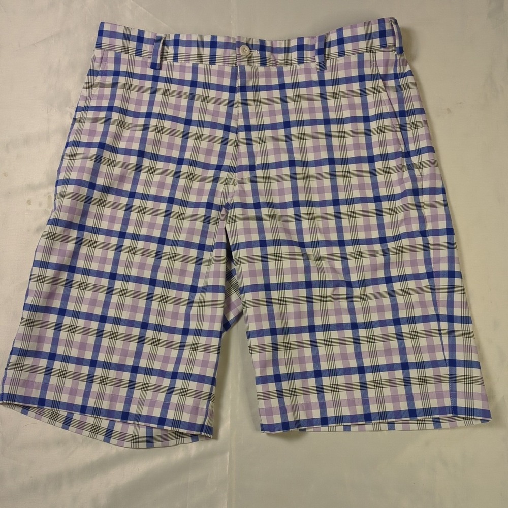 Nike Chino Golf‎ Shorts Mens 34 Blue Pink Plaid Performance Flat Front Dri-Fit